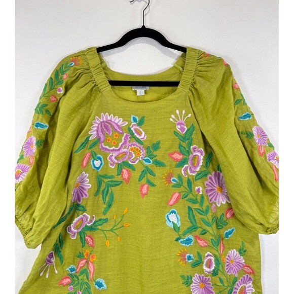 Sundance Womens Top Green Embroidered Floral Ramie 3/4 Sleeve Blouse Boho Large - Picture 7 of 11